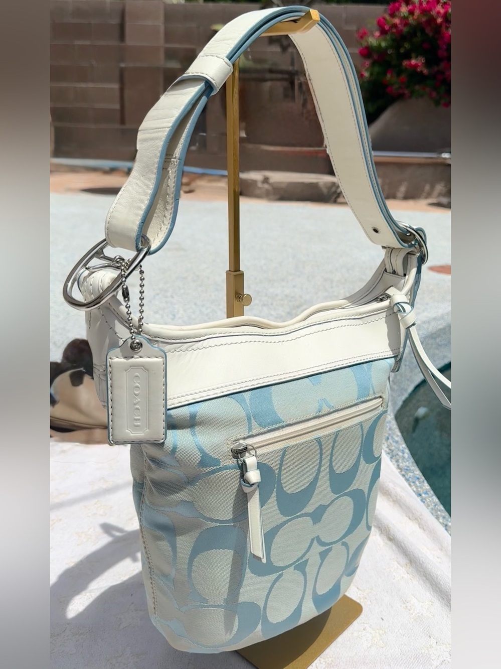 Coach 2008 Convertible Bucket Bag #F13358 blue white Sig C Canvas Leather - EUC - Picture 2 of 16